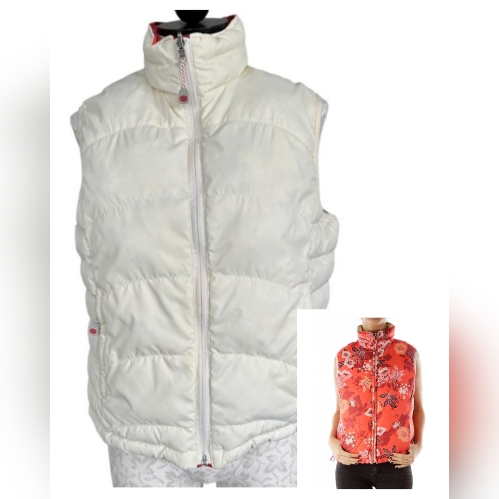 L.L. Bean Reversible White and Red Floral Puffer Vest